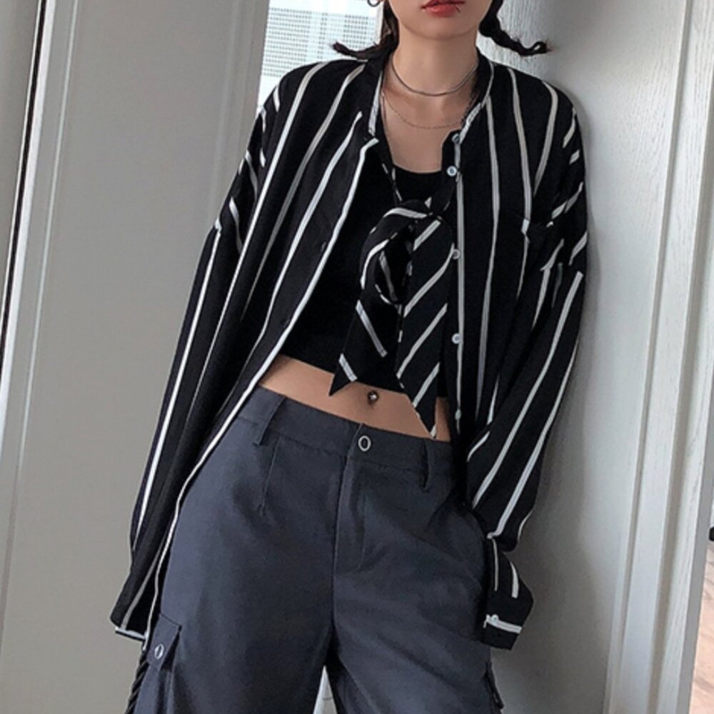 Unique Black and White Striped Chiffon Oversized Shirt with Front Straps - OS